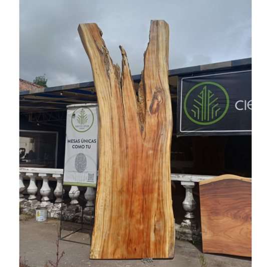 Large wooden slab with a rustic design outdoors.