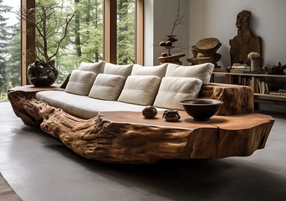 Sculptural sofa on a solid wood root base in a living room framed by tall windows and forest